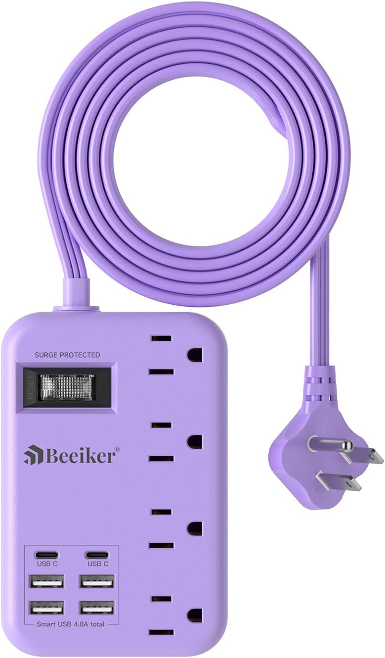 Beeiker 6 USB(2 USB C) Purple Travel Power Strip- 5Ft Lavender Extension Cord with 24W USB Charging Station and 4 Outlets, Purple Desk Accessories with Surge Protector for Cute Kawaii Office Dorm Room - Image 1